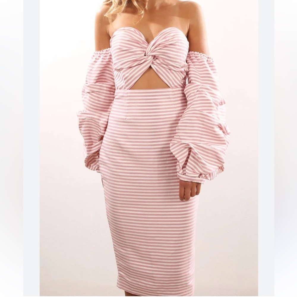 Asilio NWOT Pink and White Candy Eyed Striped Off-Shoulder Midi Dress